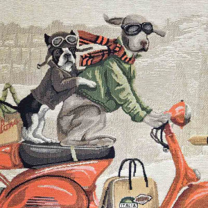 Dogs driving a red scooter - Woven cushion cover